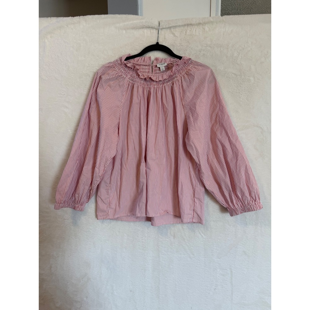 J.Crew Pink White Striped Smocked Ruffle Neck Blouse Women Large Balloon Sleeve